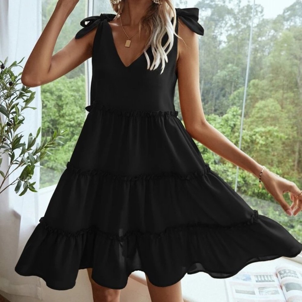 Black Tie-Shoulder Tiered Mini Dress